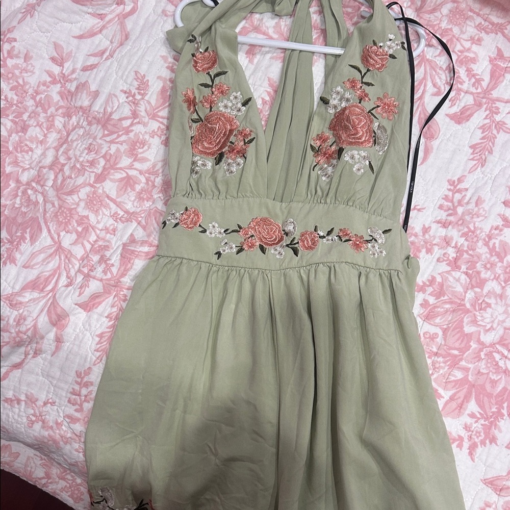 Floral Embroidered  Dress - Green and Pink